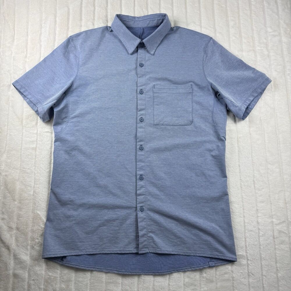 Lululemon Commission Short Sleeve Shirt Men L Blue Stretch Quick Dry Sweat Wick